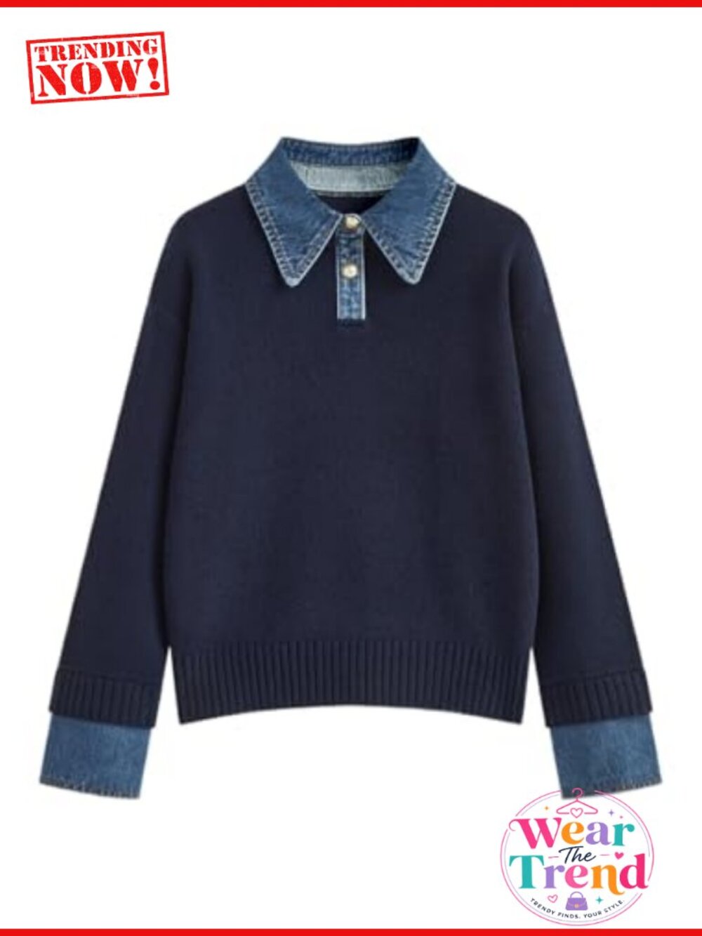 Oversized Polo Sweater Button Up Denim Collar Pullover Long Sleeve Knit Top